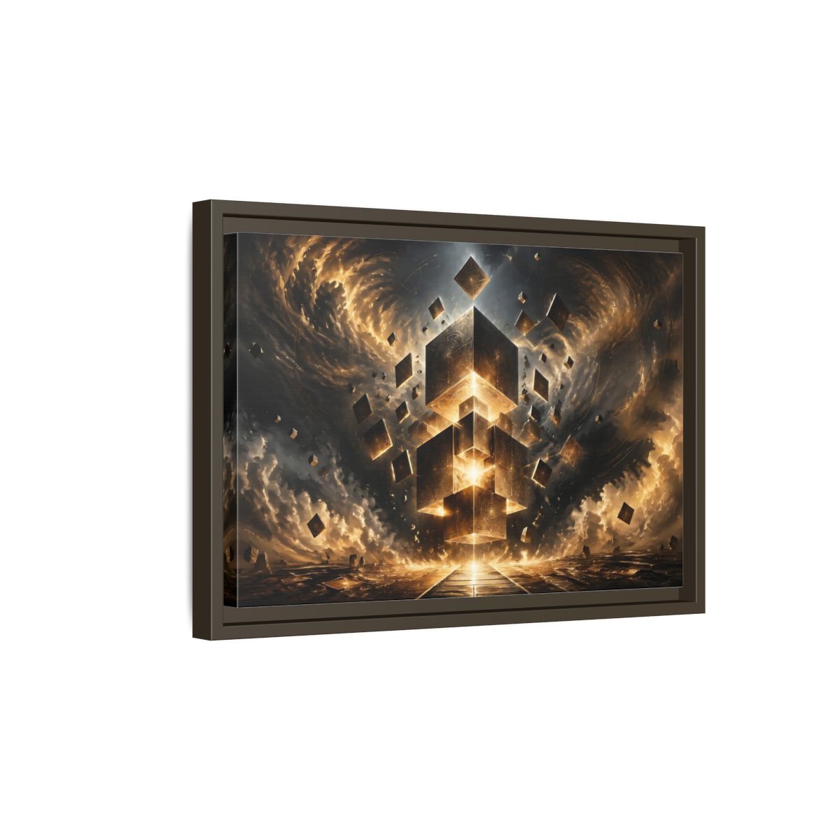 Side Mockup 5. Science Fiction Geometric Cubes Golden Geometric shown as stretched canvas wall art