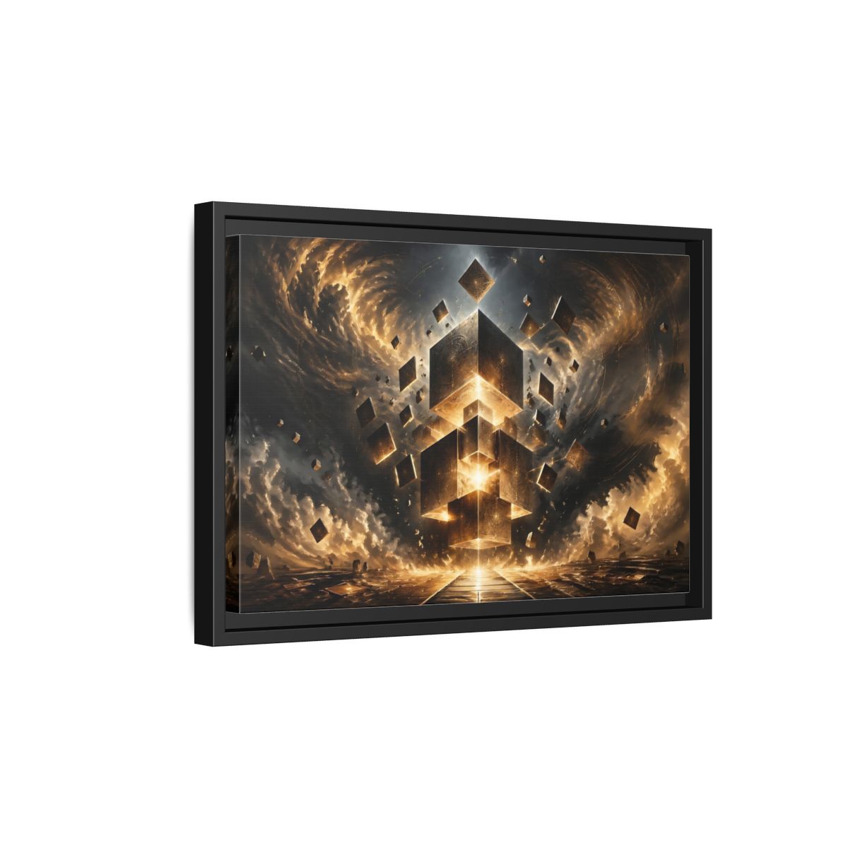 Side Mockup 6. Science Fiction Geometric Cubes Golden Geometric shown as stretched canvas wall art