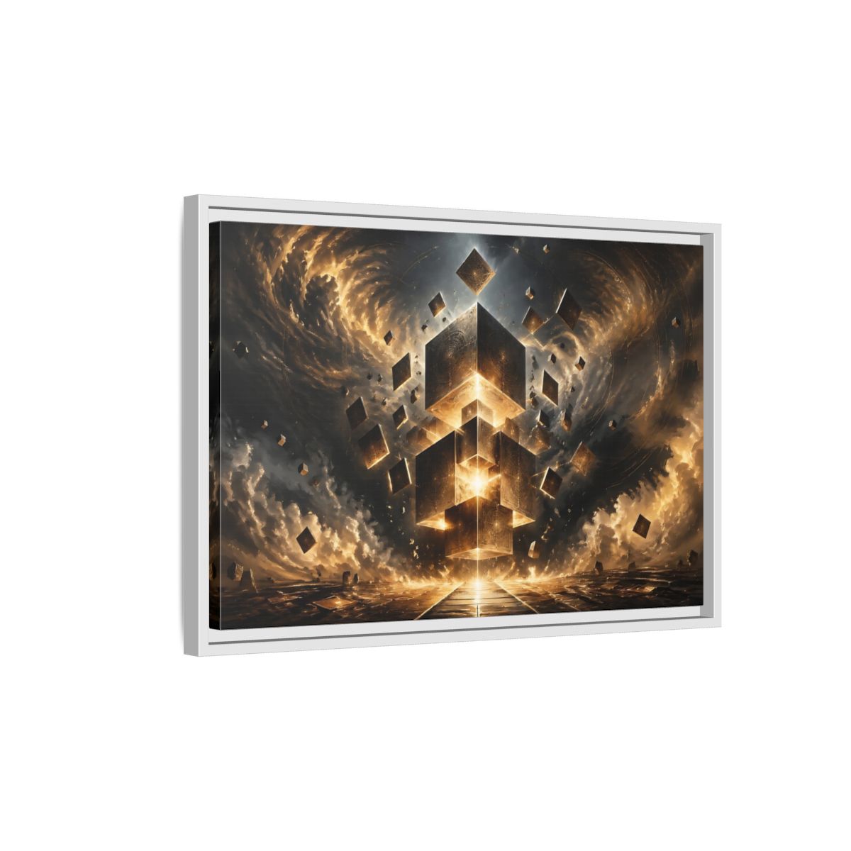 Side Mockup 1. Science Fiction Geometric Cubes Golden Geometric shown as stretched canvas wall art