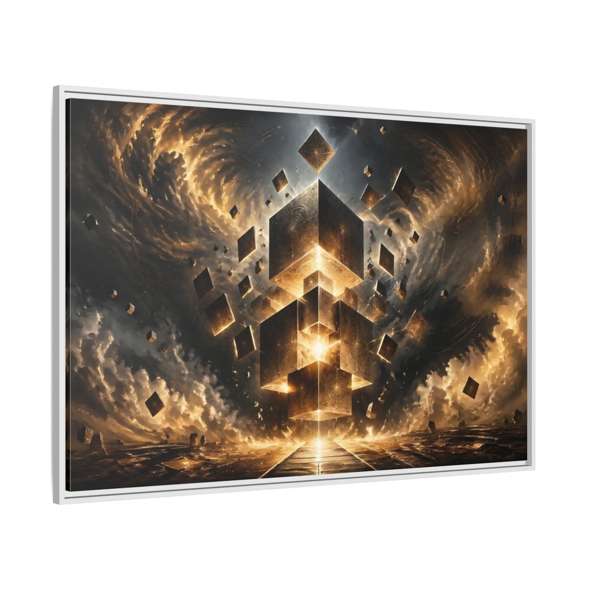 Side Mockup 7. Science Fiction Geometric Cubes Golden Geometric shown as stretched canvas wall art