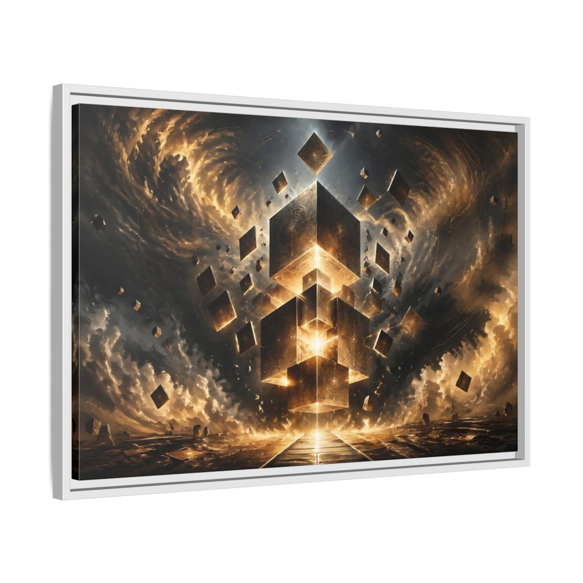 Side Mockup 10. Science Fiction Geometric Cubes Golden Geometric shown as stretched canvas wall art