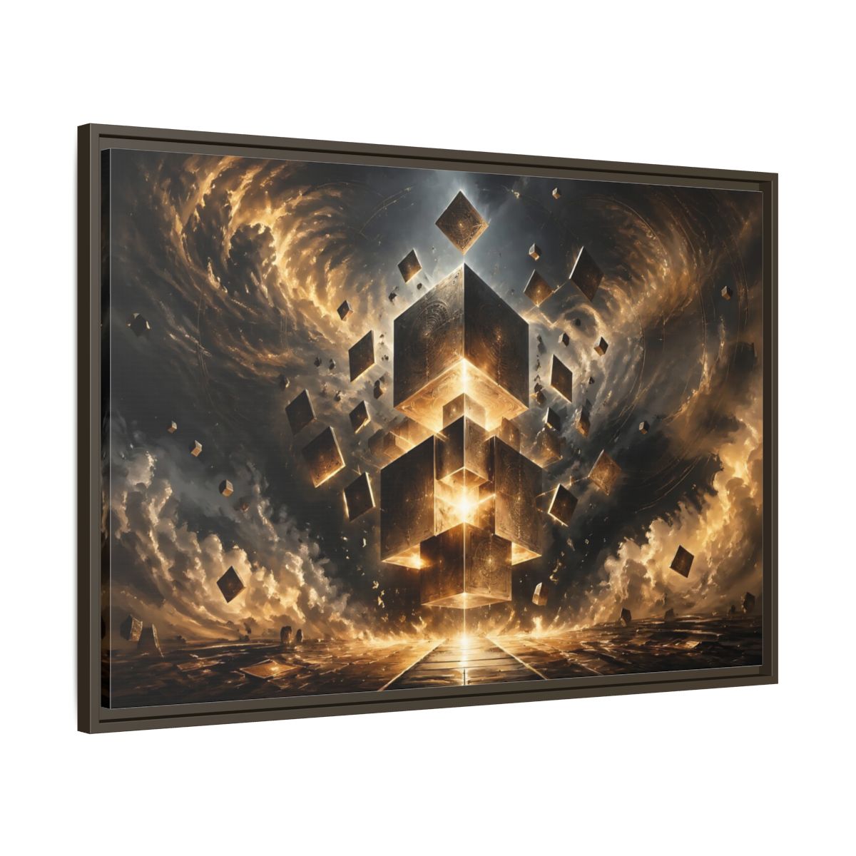 Main Mockup. Science Fiction Geometric Cubes Golden Geometric shown as stretched canvas wall art