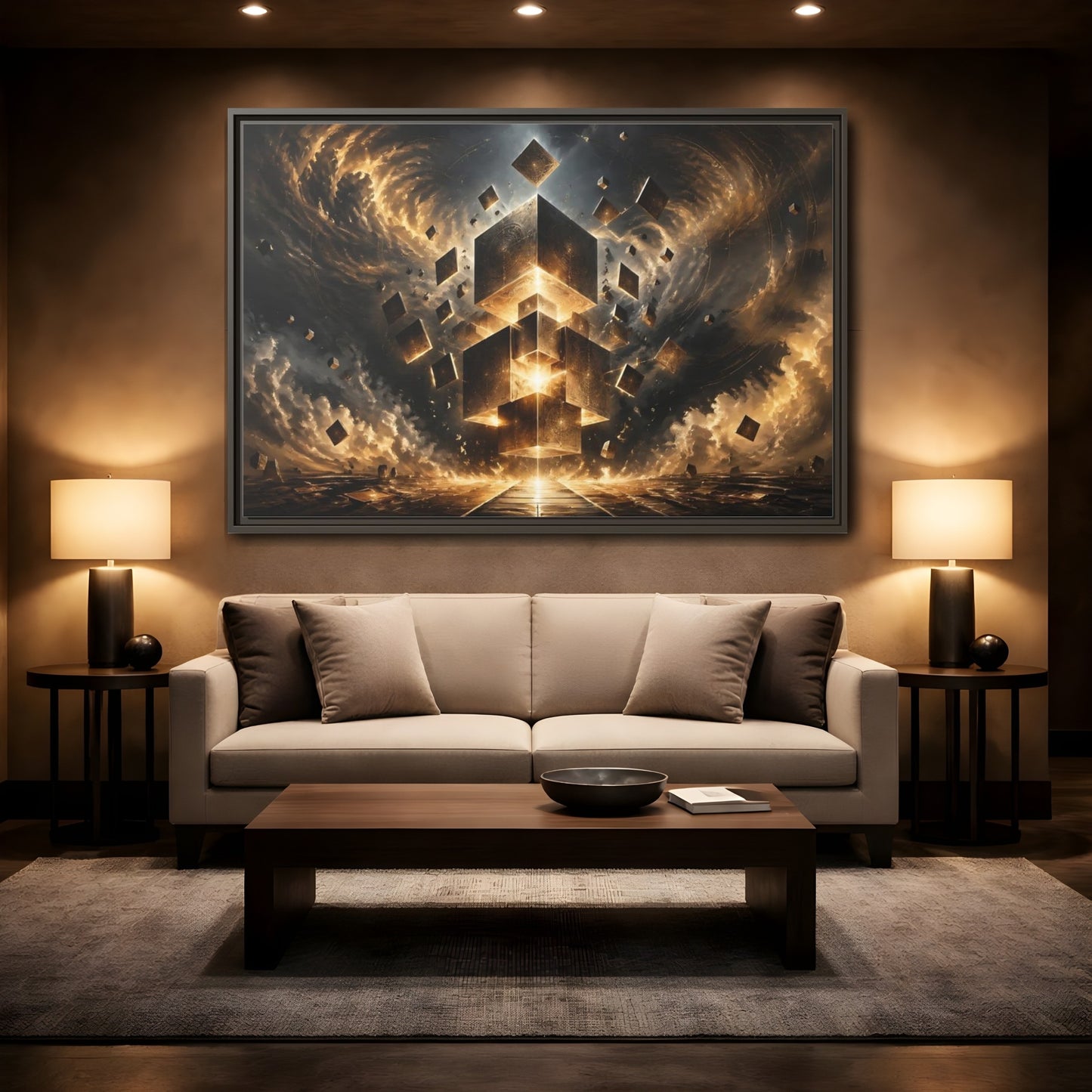 Mockup 2. Science Fiction Geometric Cubes Golden Geometric shown as stretched canvas wall art