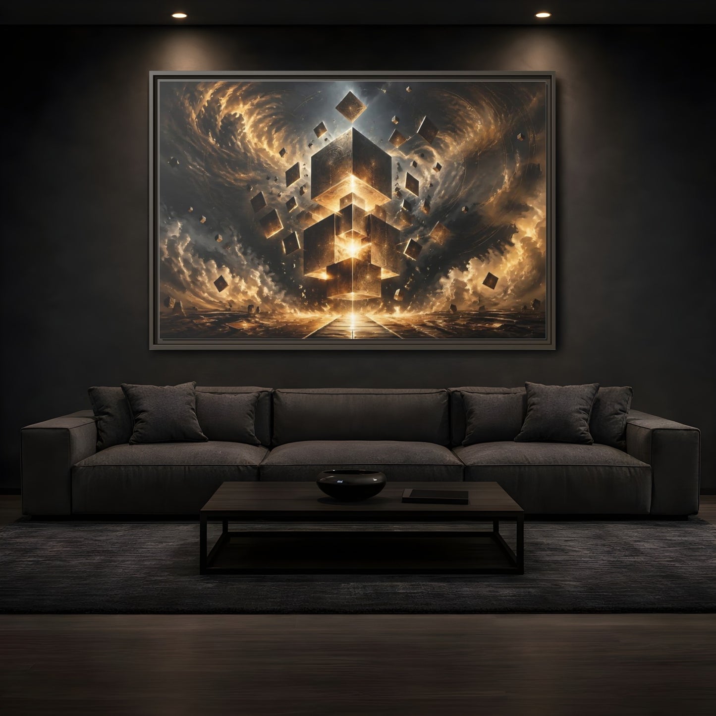 Mockup 3. Science Fiction Geometric Cubes Golden Geometric shown as stretched canvas wall art
