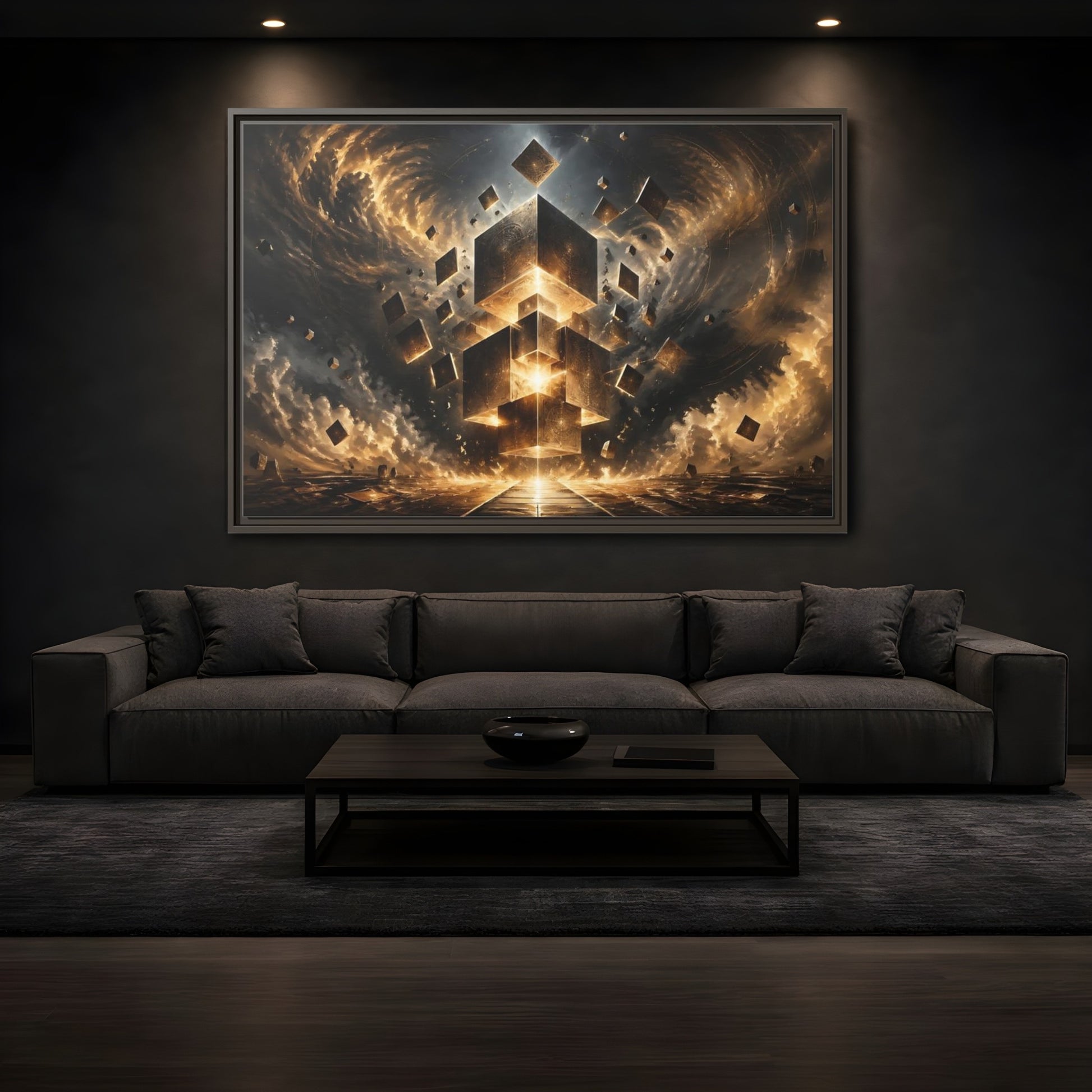 Mockup 3. Science Fiction Geometric Cubes Golden Geometric shown as stretched canvas wall art