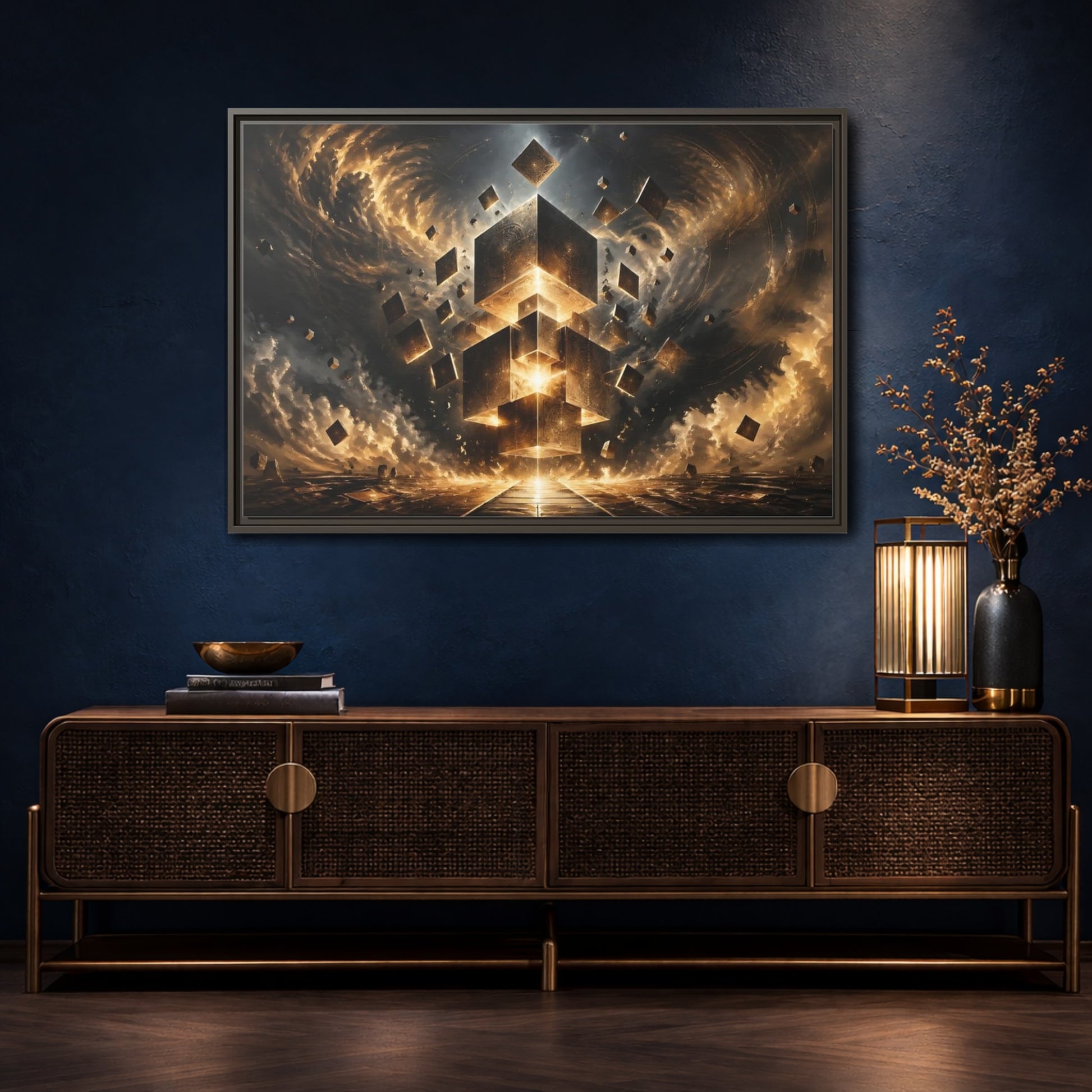 Mockup 4. Science Fiction Geometric Cubes Golden Geometric shown as stretched canvas wall art