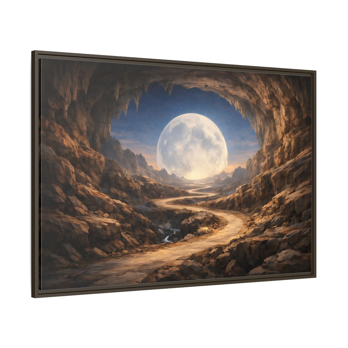 Side Mockup 8. Science Fiction Giant Moon Moonlit Cave Path shown as stretched canvas wall art