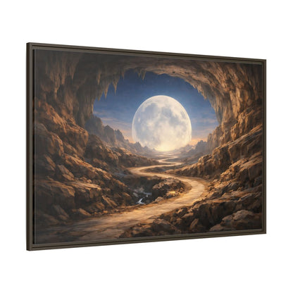 Side Mockup 8. Science Fiction Giant Moon Moonlit Cave Path shown as stretched canvas wall art