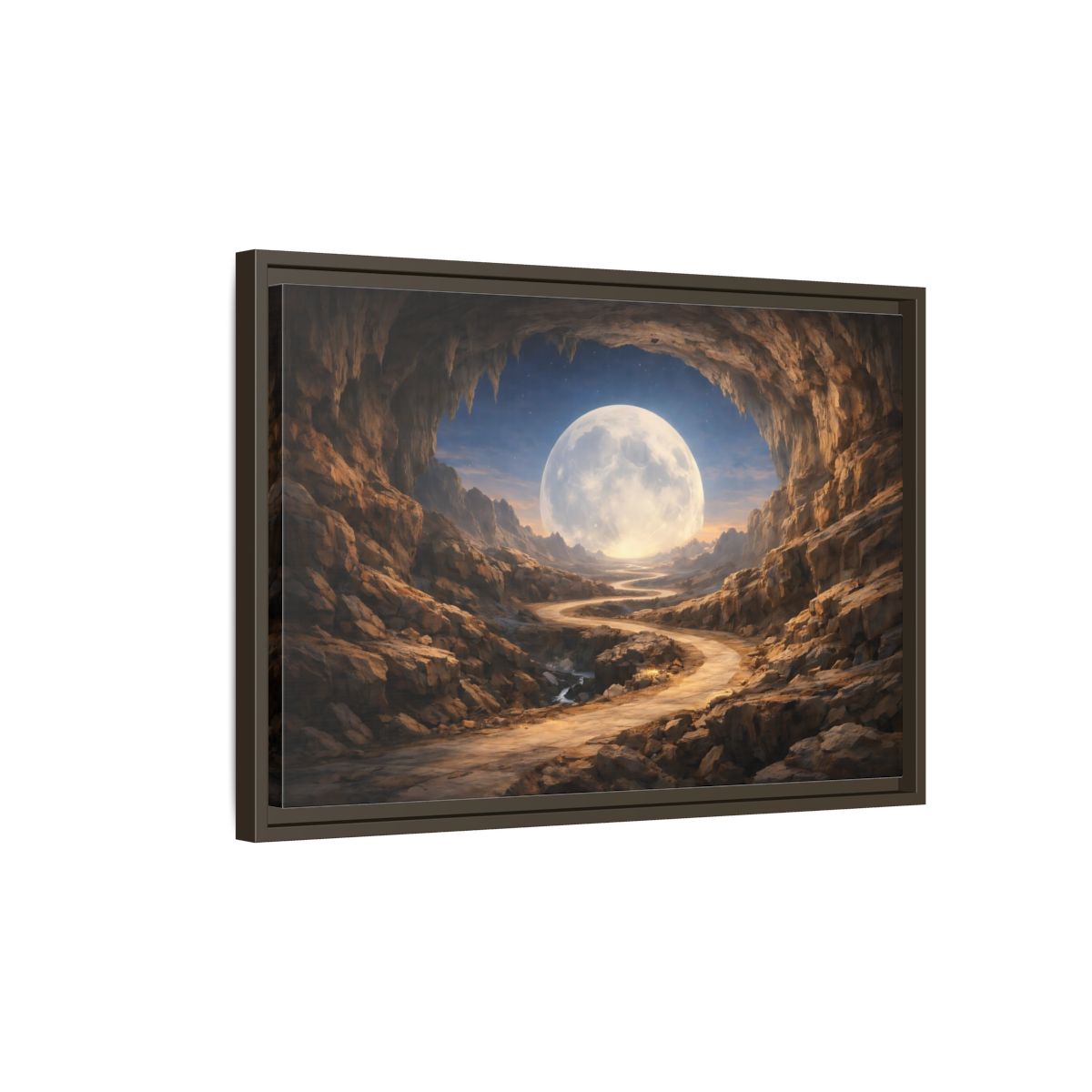 Side Mockup 2. Science Fiction Giant Moon Moonlit Cave Path shown as stretched canvas wall art