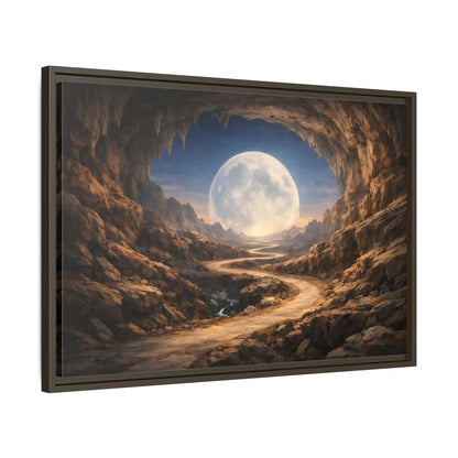 Side Mockup 11. Science Fiction Giant Moon Moonlit Cave Path shown as stretched canvas wall art