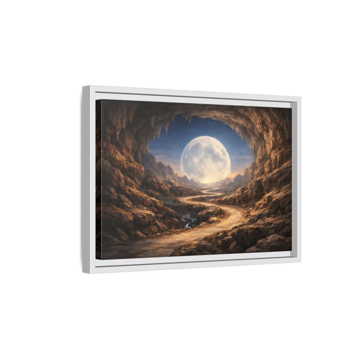 Side Mockup 4. Science Fiction Giant Moon Moonlit Cave Path shown as stretched canvas wall art