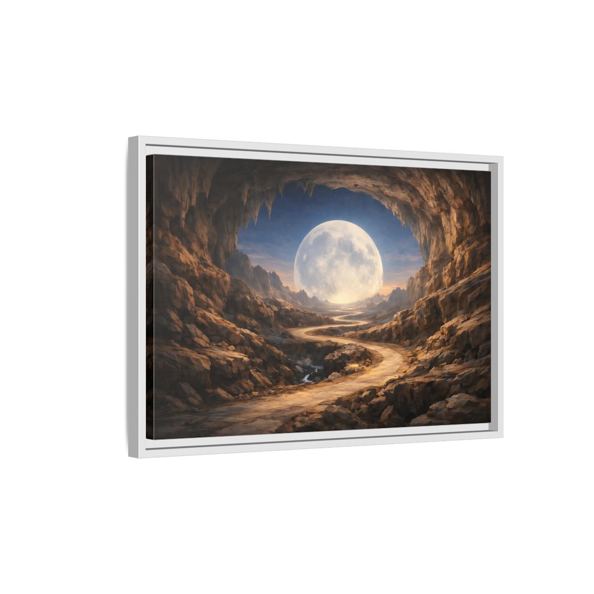 Side Mockup 1. Science Fiction Giant Moon Moonlit Cave Path shown as stretched canvas wall art