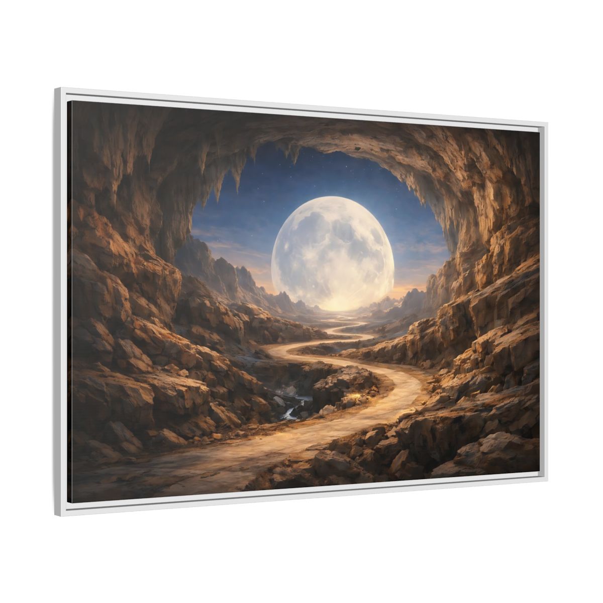 Side Mockup 7. Science Fiction Giant Moon Moonlit Cave Path shown as stretched canvas wall art