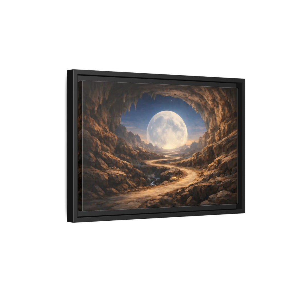 Side Mockup 6. Science Fiction Giant Moon Moonlit Cave Path shown as stretched canvas wall art