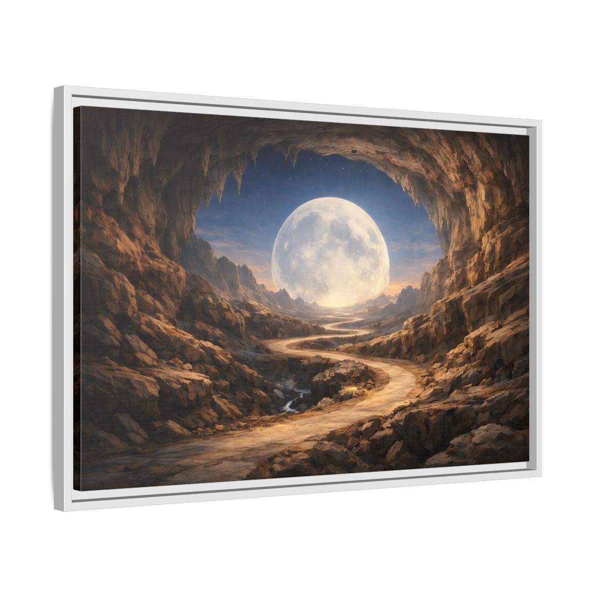 Side Mockup 10. Science Fiction Giant Moon Moonlit Cave Path shown as stretched canvas wall art