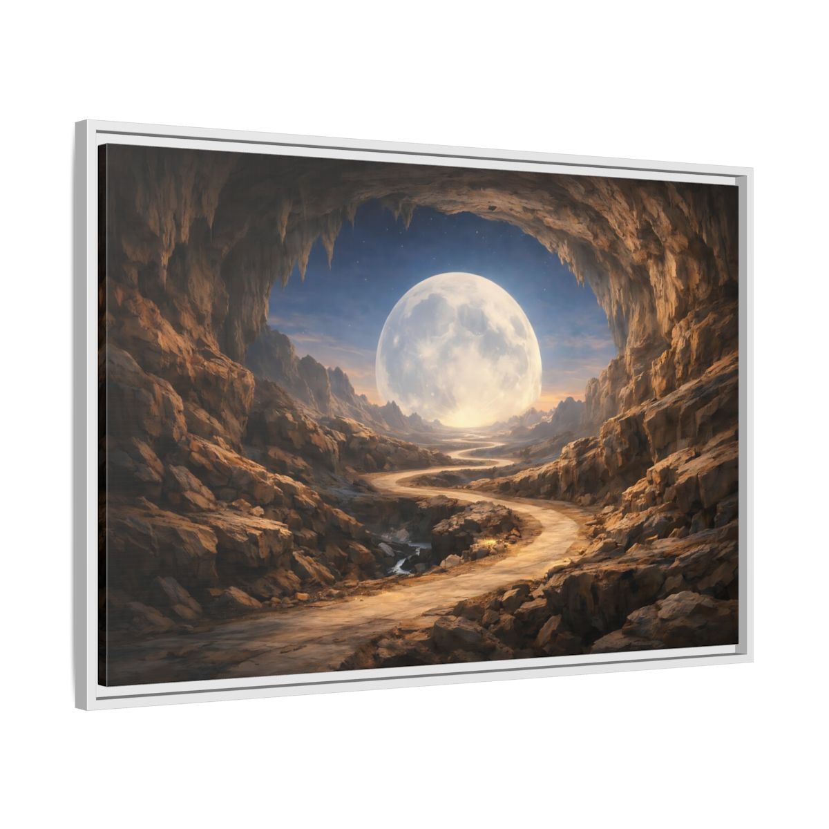 Side Mockup 9. Science Fiction Giant Moon Moonlit Cave Path shown as stretched canvas wall art