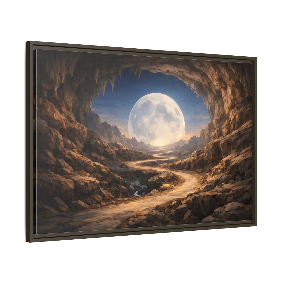 Main Mockup. Science Fiction Giant Moon Moonlit Cave Path shown as stretched canvas wall art