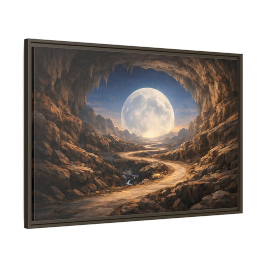 Main Mockup. Science Fiction Giant Moon Moonlit Cave Path shown as stretched canvas wall art