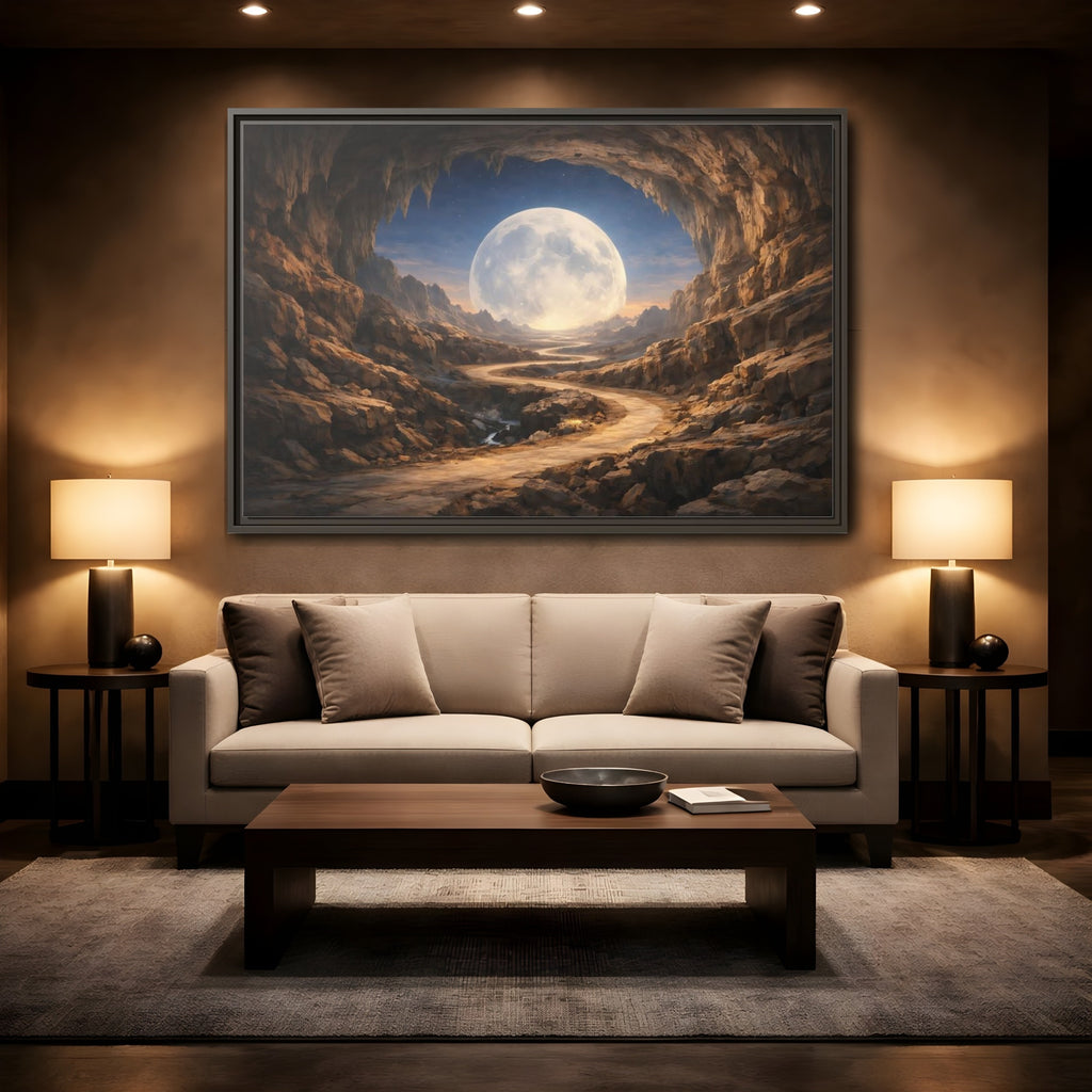 Mockup 2. Science Fiction Giant Moon Moonlit Cave Path shown as stretched canvas wall art