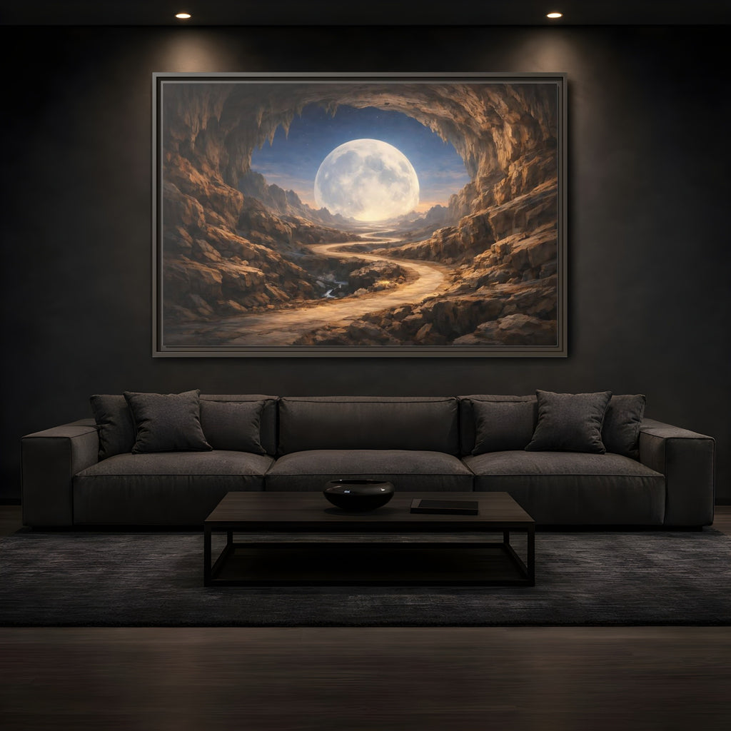Mockup 3. Science Fiction Giant Moon Moonlit Cave Path shown as stretched canvas wall art