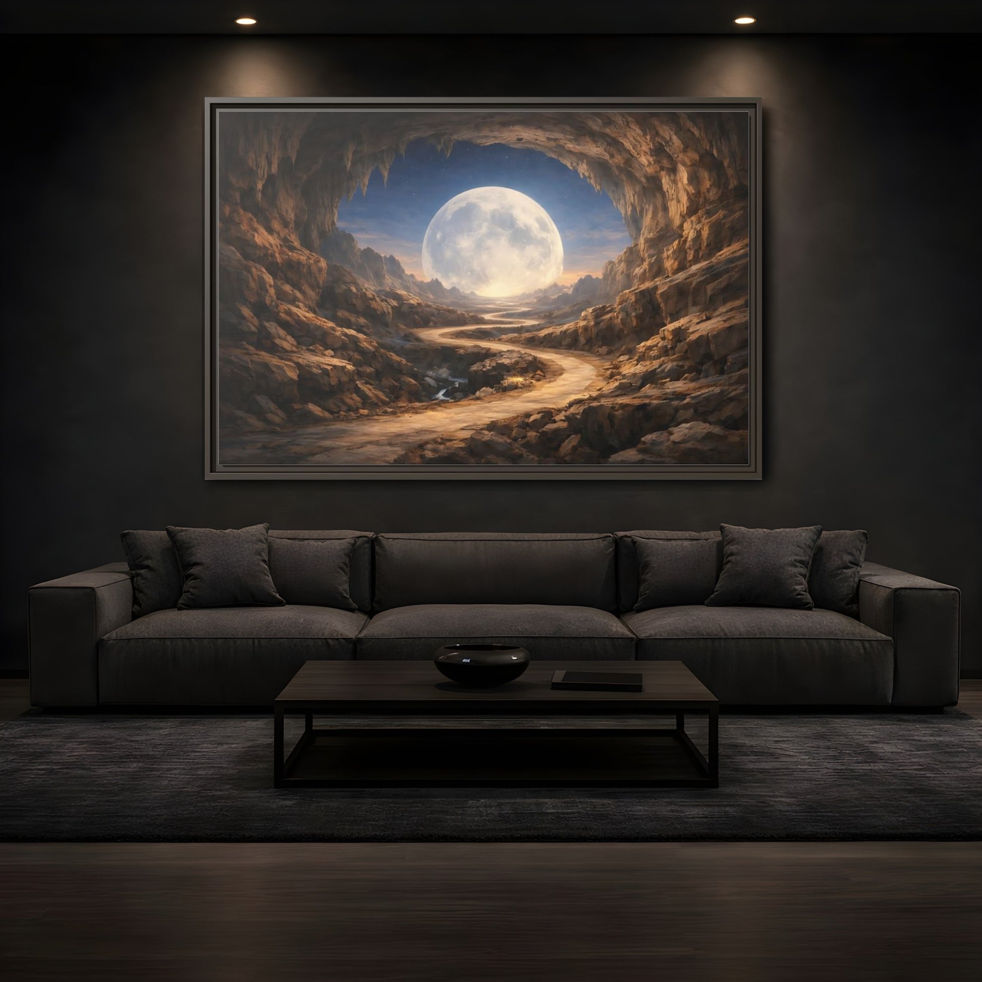 Mockup 3. Science Fiction Giant Moon Moonlit Cave Path shown as stretched canvas wall art