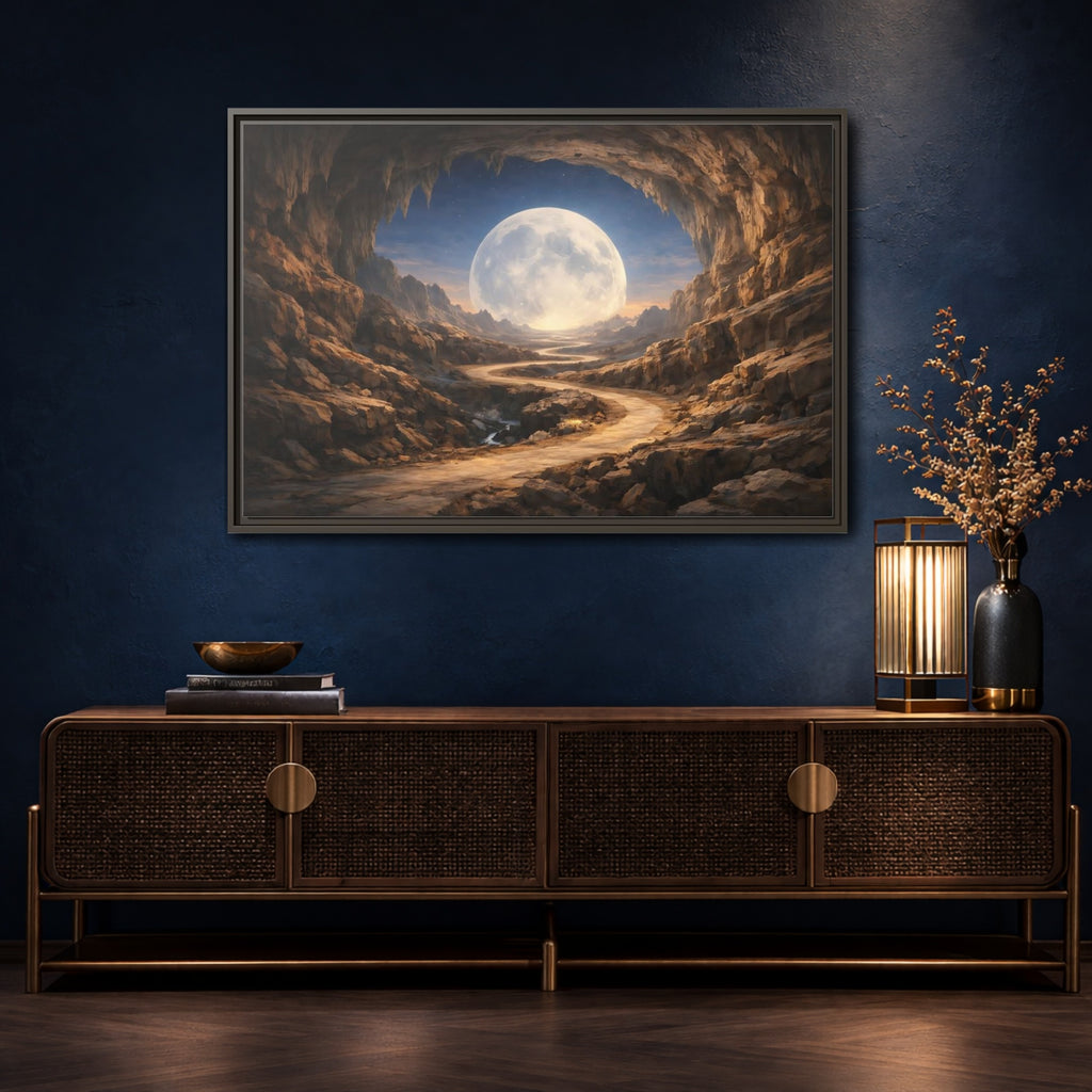 Mockup 4. Science Fiction Giant Moon Moonlit Cave Path shown as stretched canvas wall art