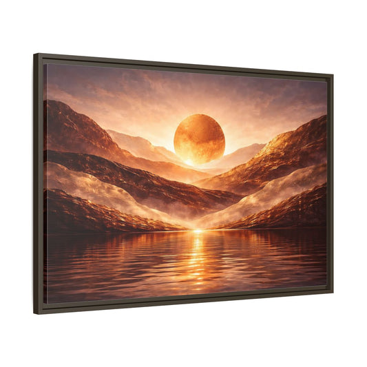 Main Mockup. Science Fiction Giant Sun Golden Mountainscape shown as stretched canvas wall art