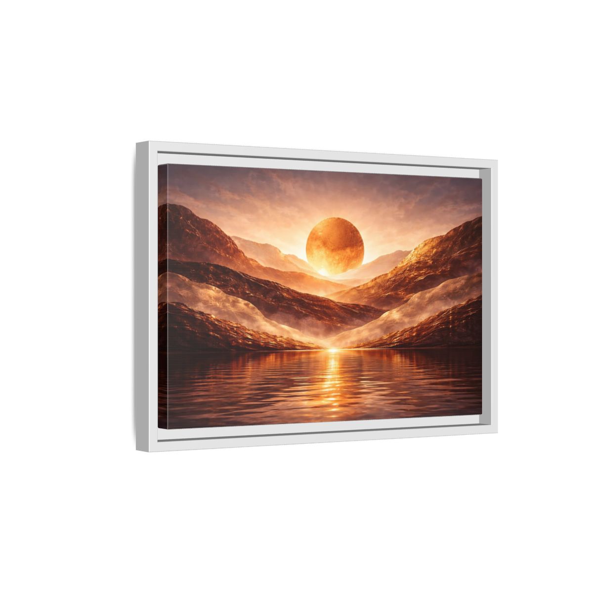Side Mockup 4. Science Fiction Giant Sun Golden Mountainscape shown as stretched canvas wall art