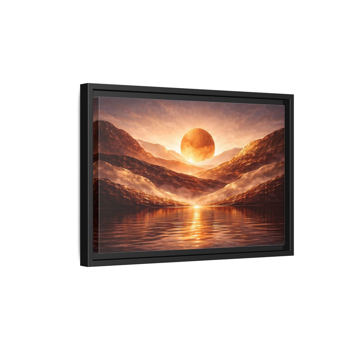 Side Mockup 6. Science Fiction Giant Sun Golden Mountainscape shown as stretched canvas wall art