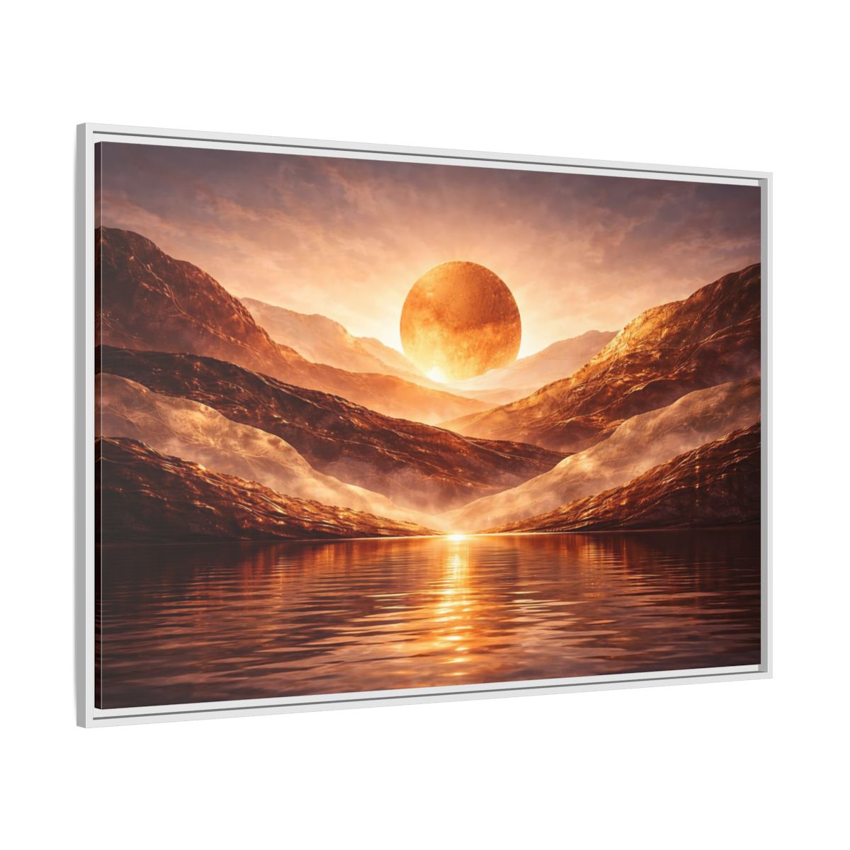 Side Mockup 7. Science Fiction Giant Sun Golden Mountainscape shown as stretched canvas wall art