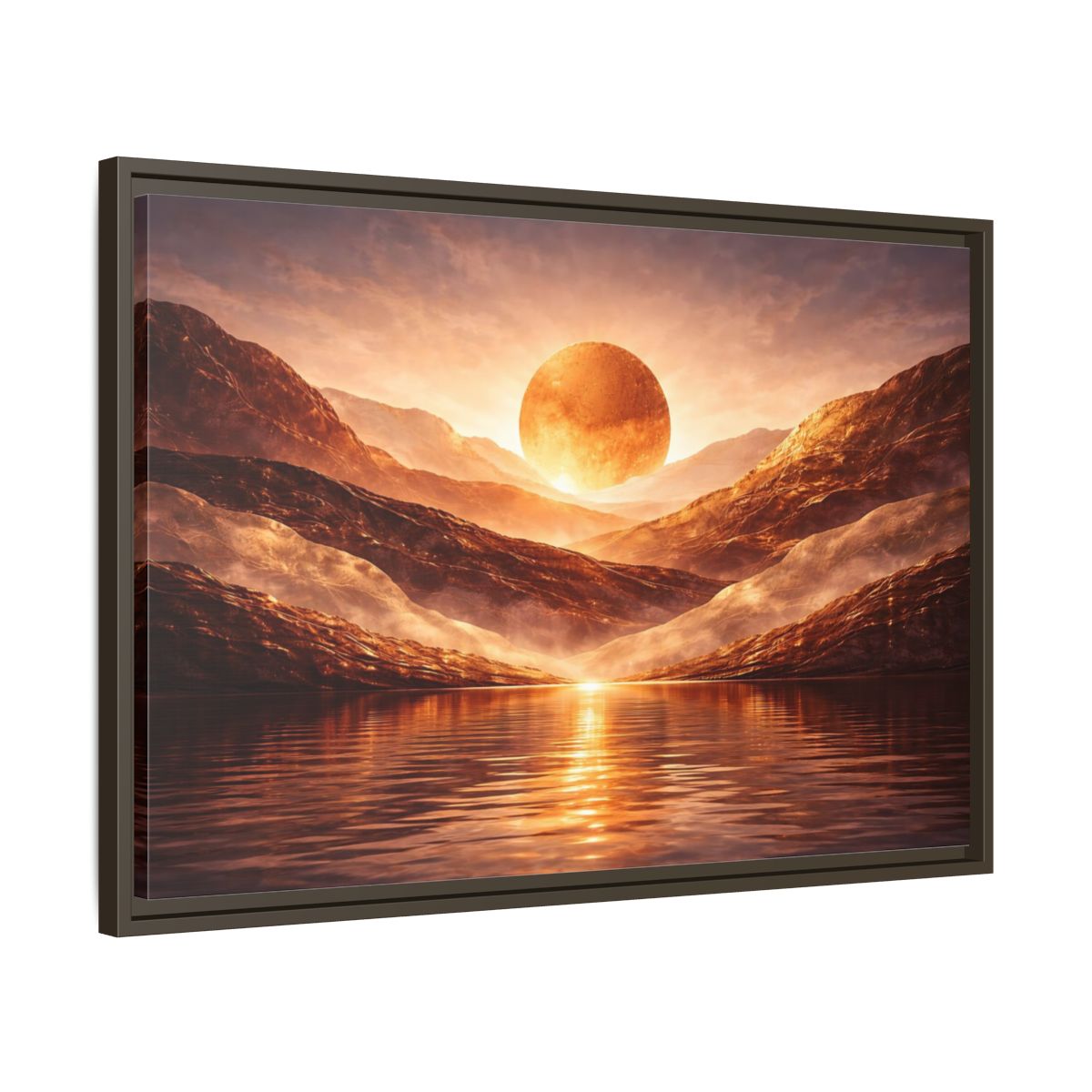 Side Mockup 11. Science Fiction Giant Sun Golden Mountainscape shown as stretched canvas wall art