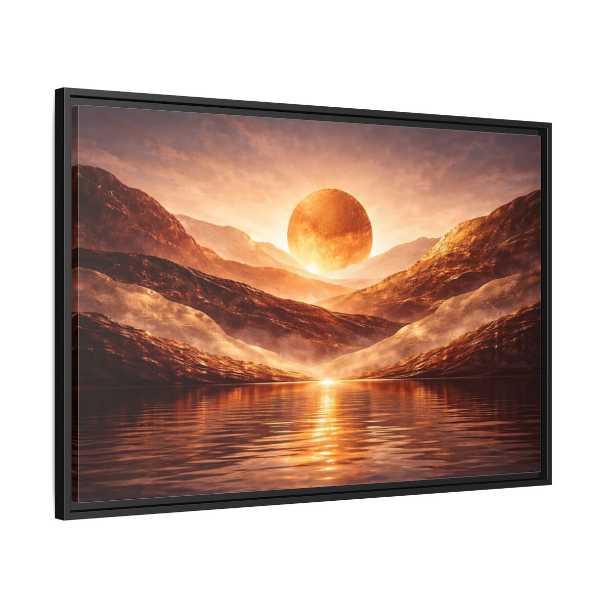 Side Mockup 13. Science Fiction Giant Sun Golden Mountainscape shown as stretched canvas wall art
