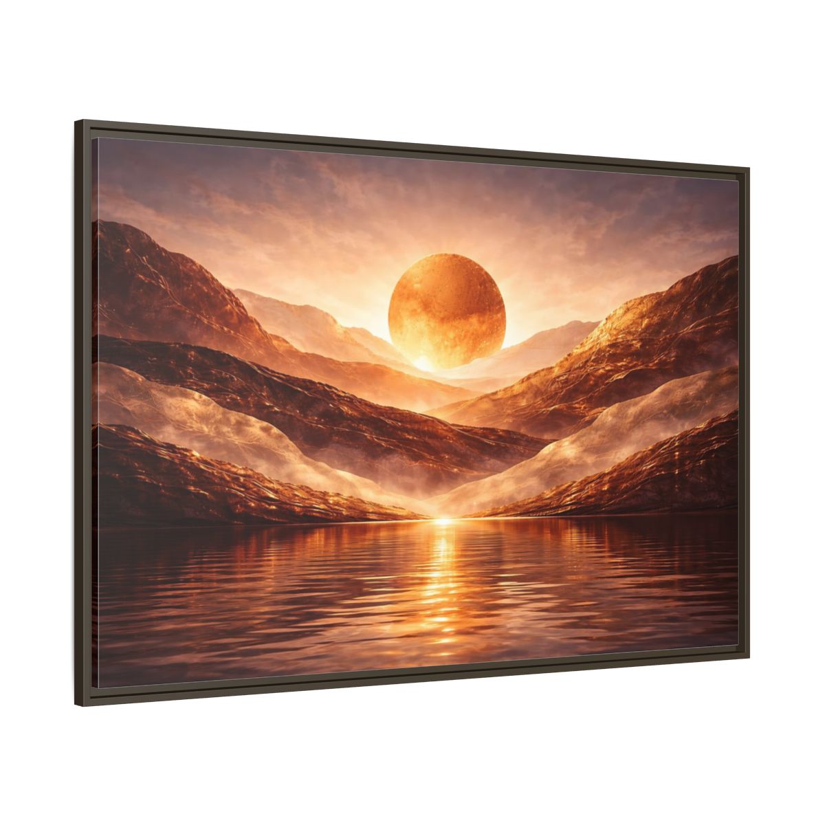 Side Mockup 8. Science Fiction Giant Sun Golden Mountainscape shown as stretched canvas wall art