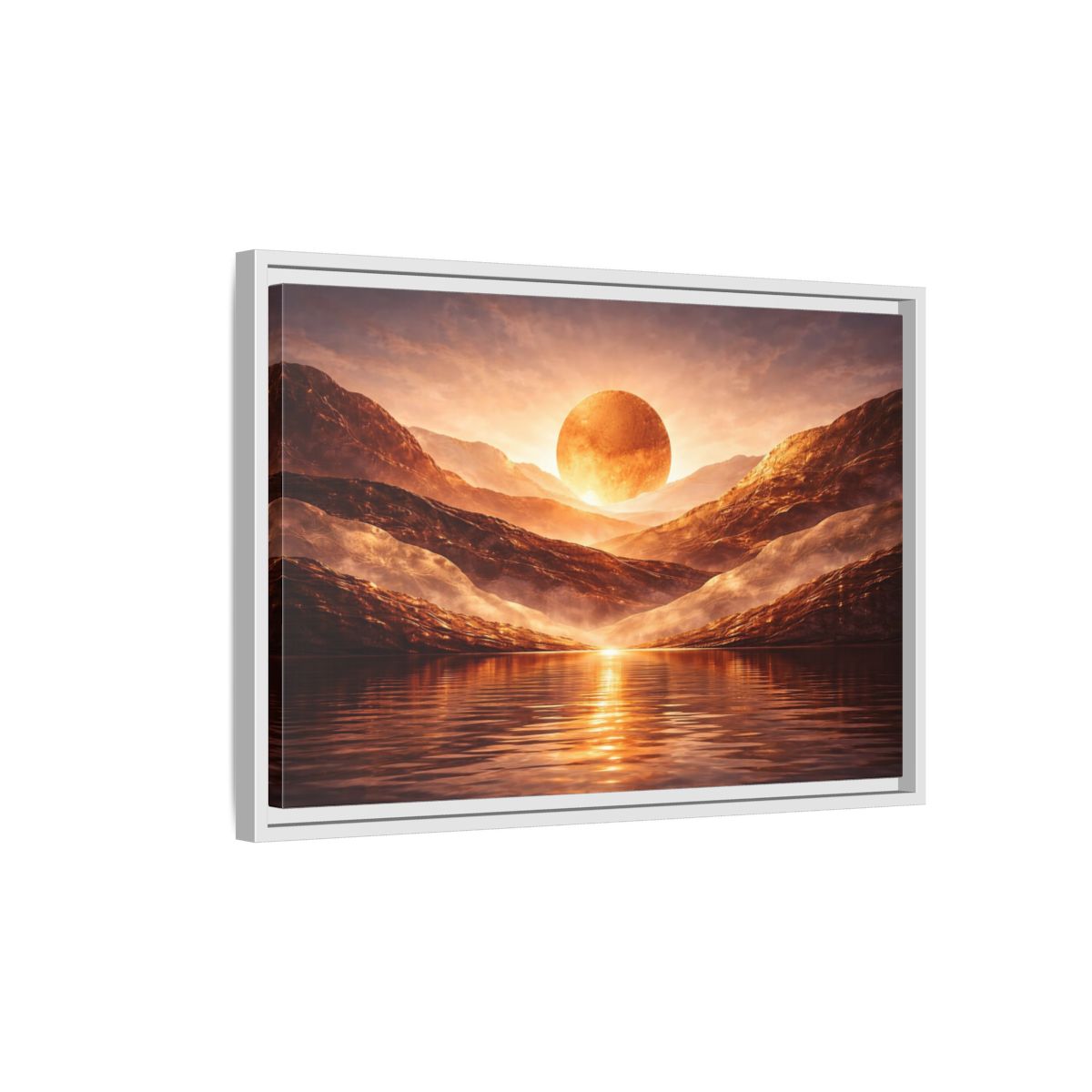 Side Mockup 1. Science Fiction Giant Sun Golden Mountainscape shown as stretched canvas wall art