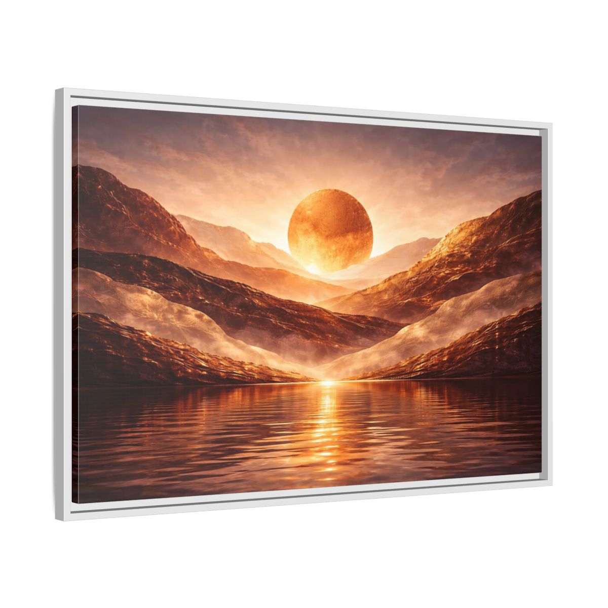 Side Mockup 9. Science Fiction Giant Sun Golden Mountainscape shown as stretched canvas wall art