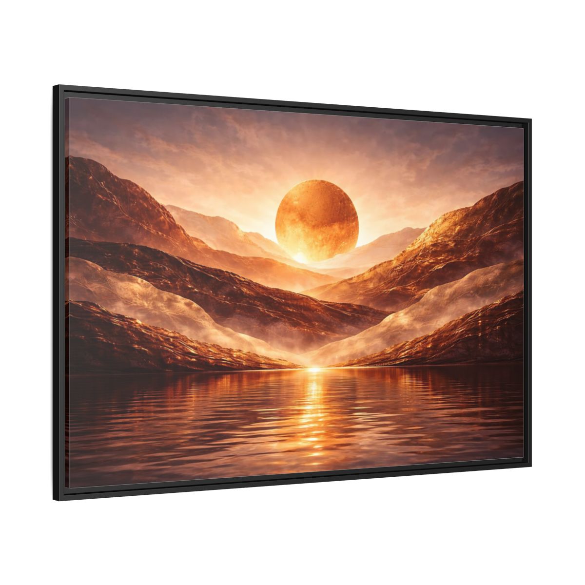 Side Mockup 12. Science Fiction Giant Sun Golden Mountainscape shown as stretched canvas wall art