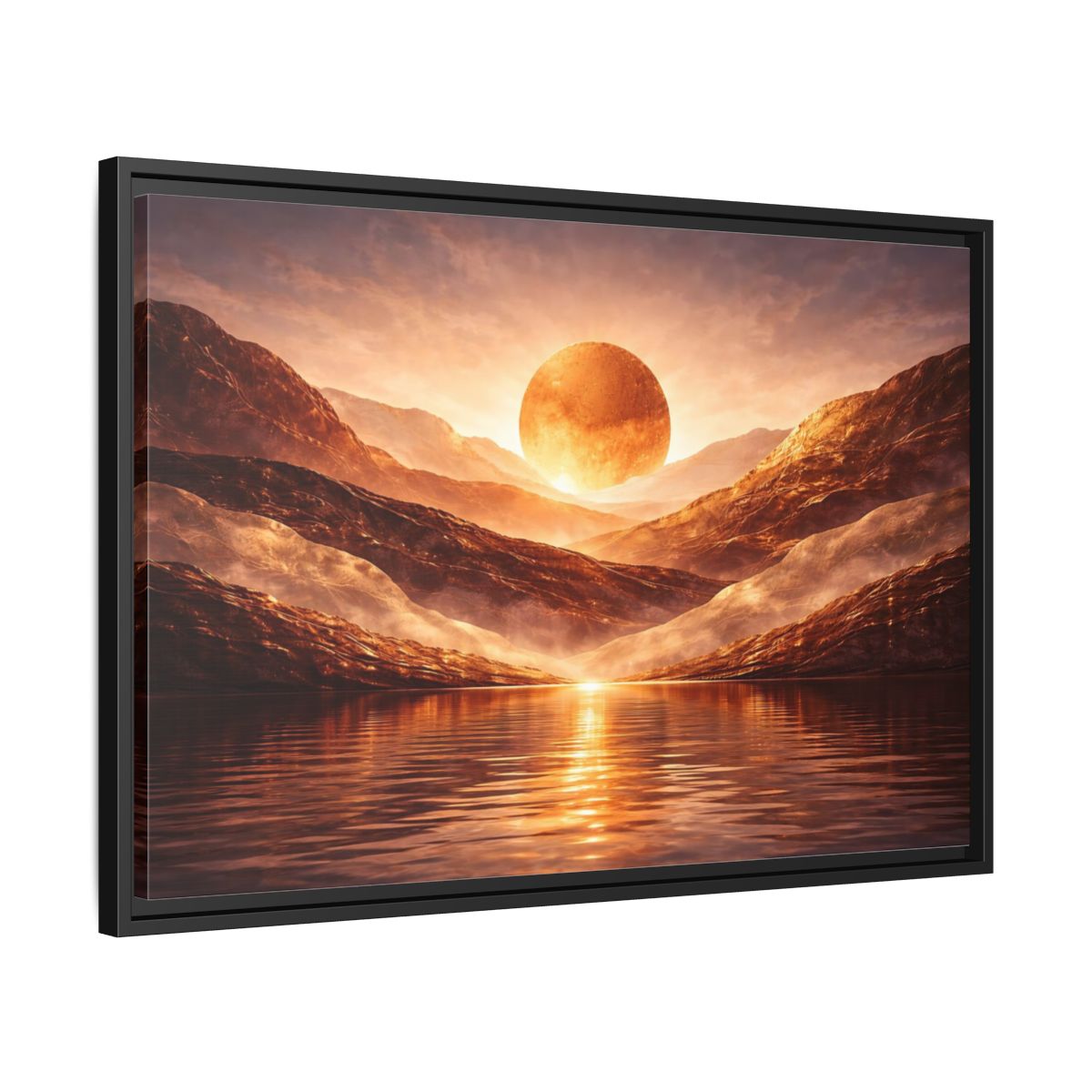 Side Mockup 14. Science Fiction Giant Sun Golden Mountainscape shown as stretched canvas wall art