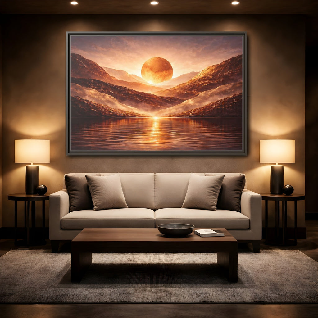 Mockup 2. Science Fiction Giant Sun Golden Mountainscape shown as stretched canvas wall art