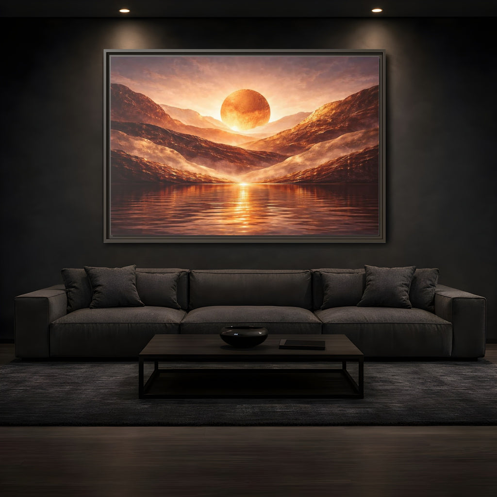 Mockup 3. Science Fiction Giant Sun Golden Mountainscape shown as stretched canvas wall art