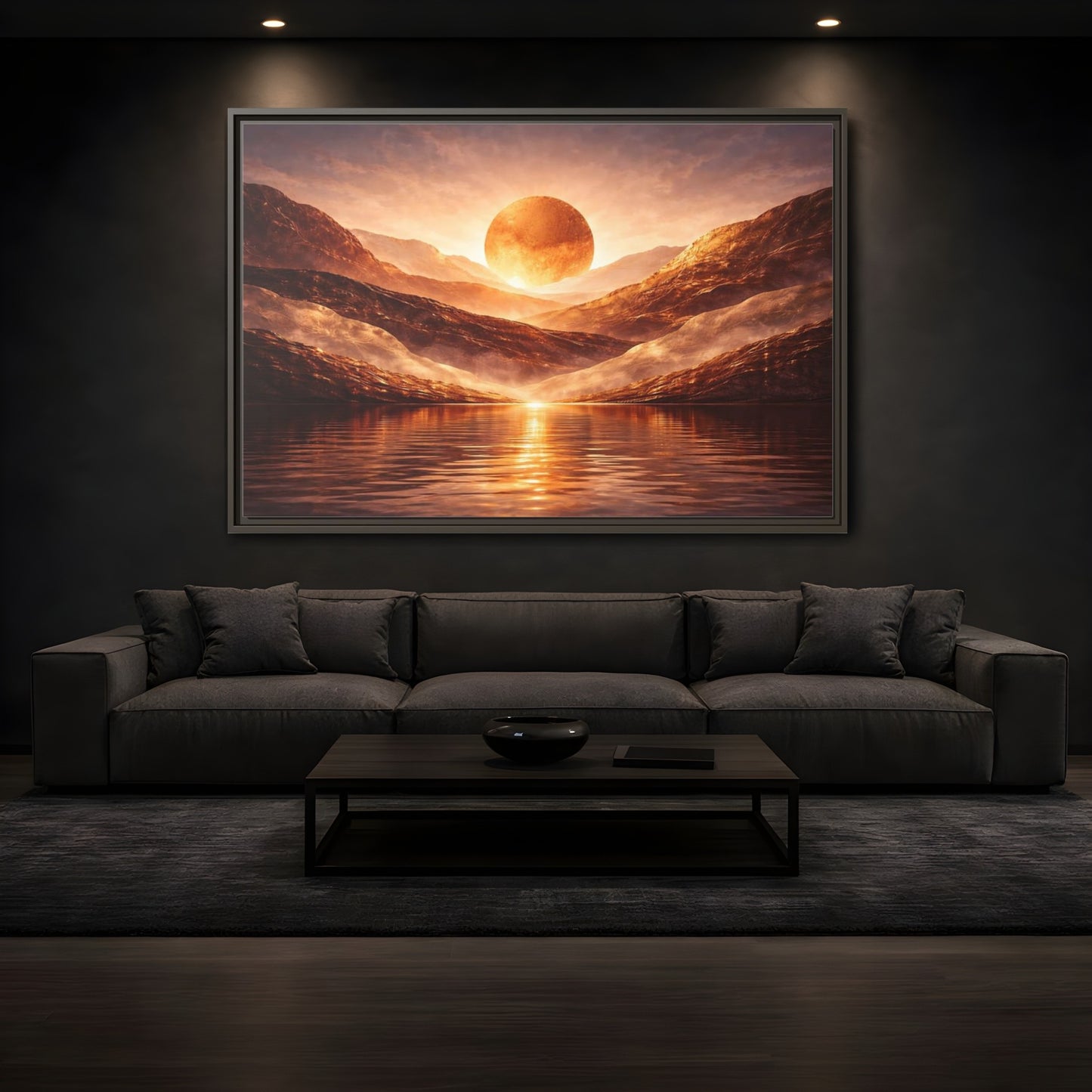 Mockup 3. Science Fiction Giant Sun Golden Mountainscape shown as stretched canvas wall art