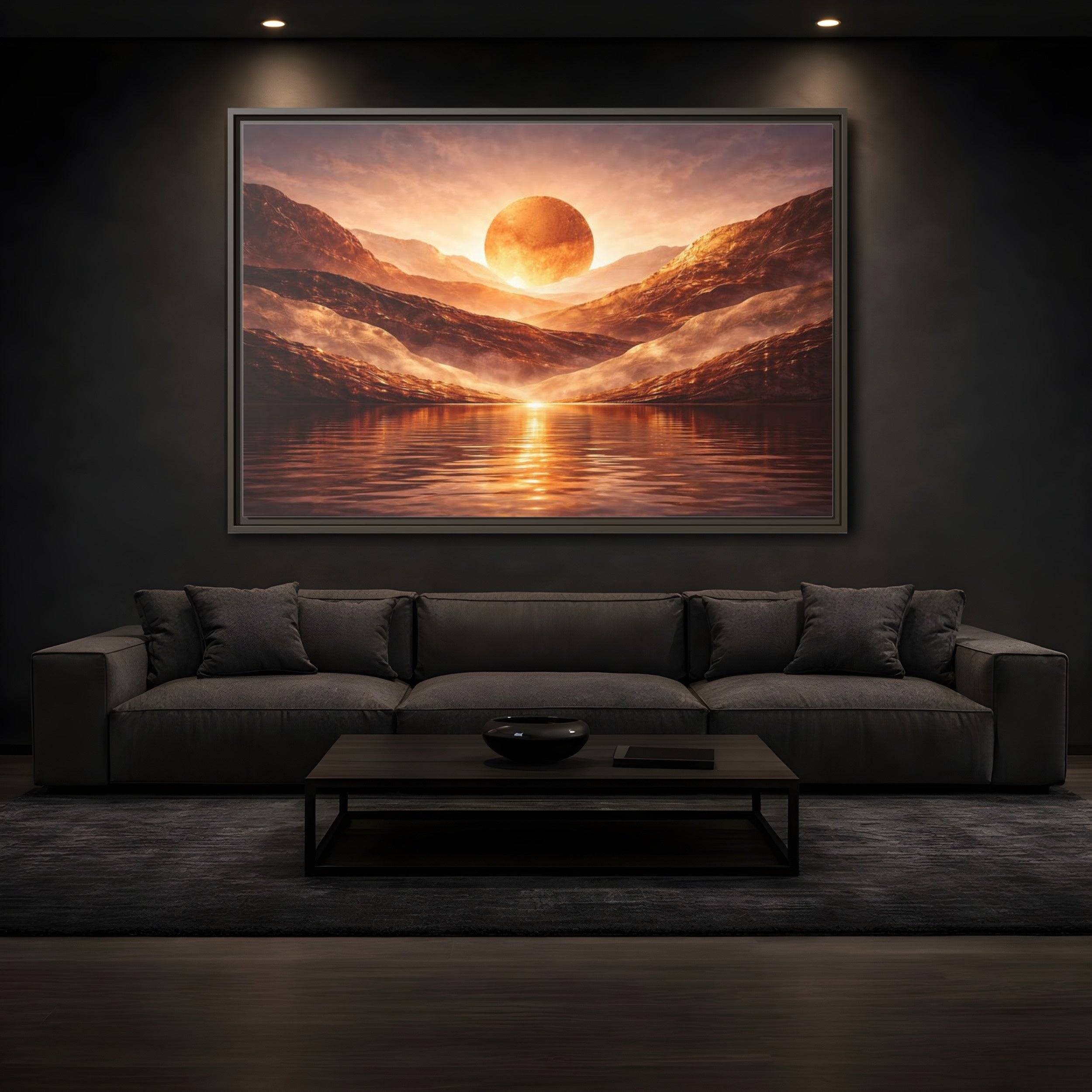 Mockup 3. Science Fiction Giant Sun Golden Mountainscape shown as stretched canvas wall art