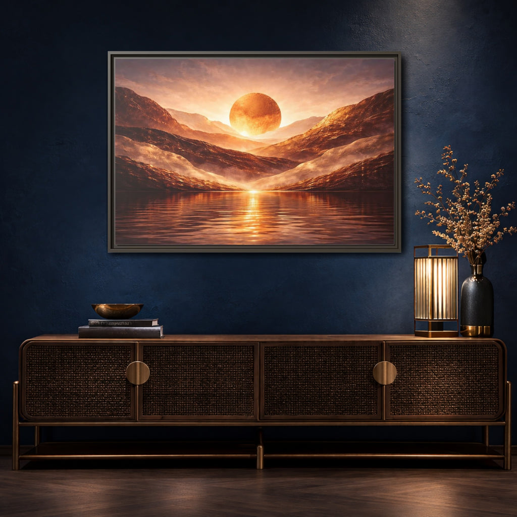 Mockup 4. Science Fiction Giant Sun Golden Mountainscape shown as stretched canvas wall art