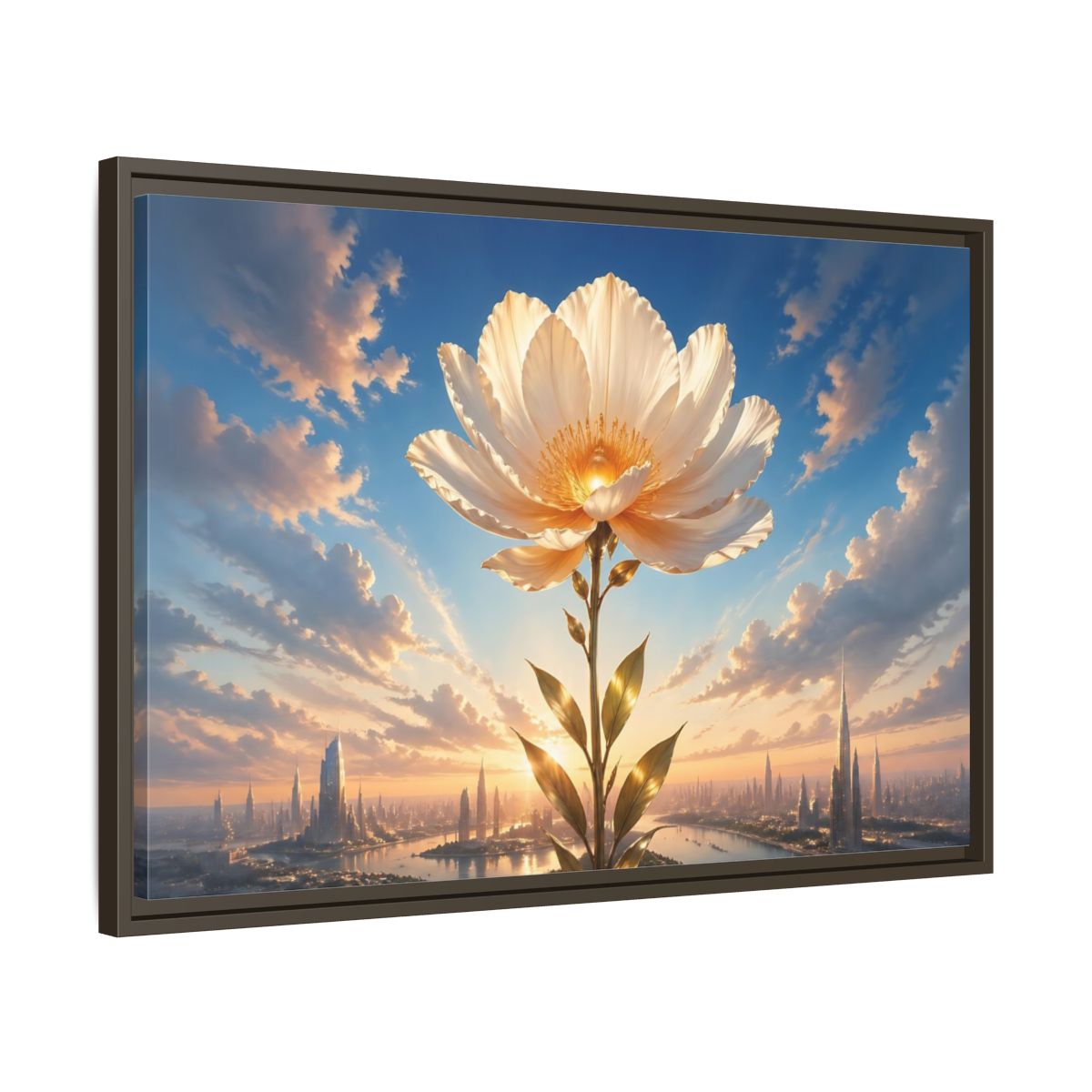 Side Mockup 11. Science Fiction Golden Flower White And Gold Flower shown as stretched canvas wall art