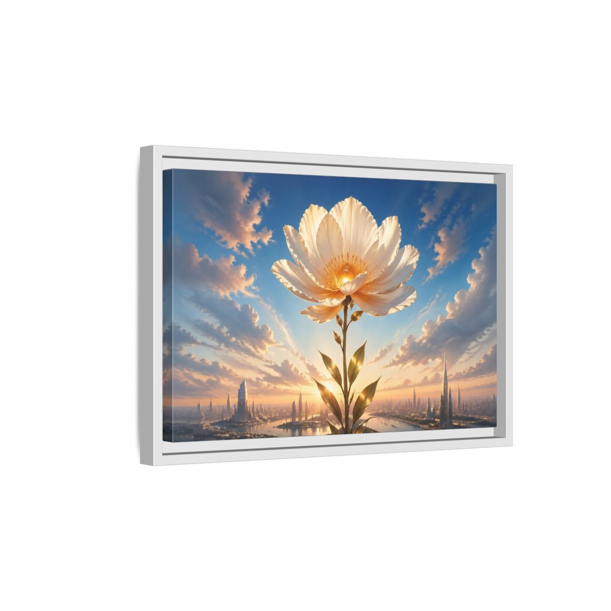 Side Mockup 4. Science Fiction Golden Flower White And Gold Flower shown as stretched canvas wall art