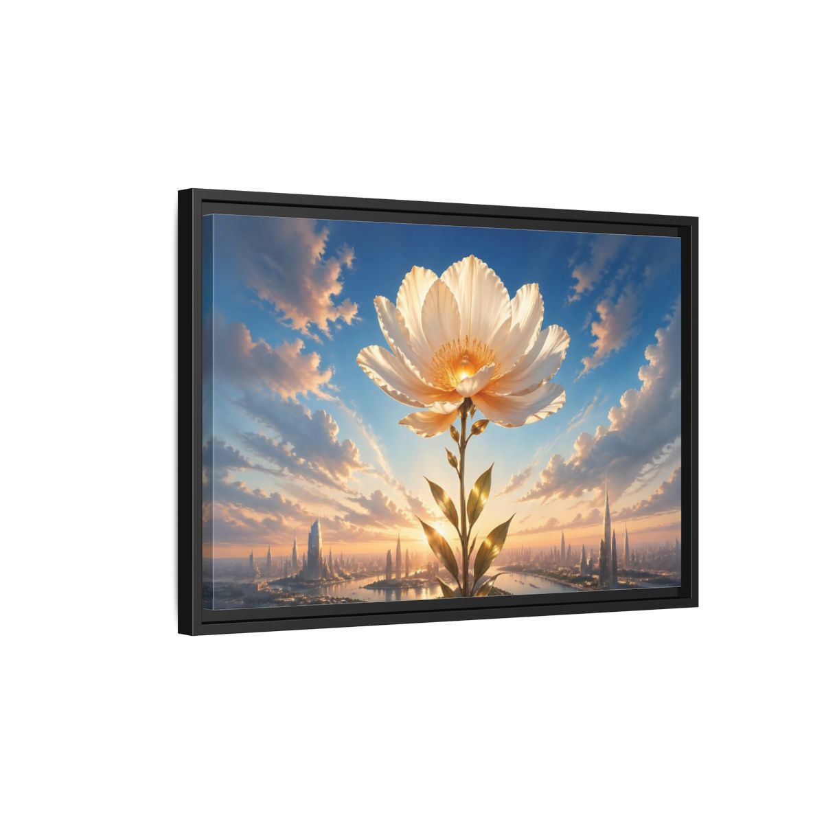 Side Mockup 3. Science Fiction Golden Flower White And Gold Flower shown as stretched canvas wall art