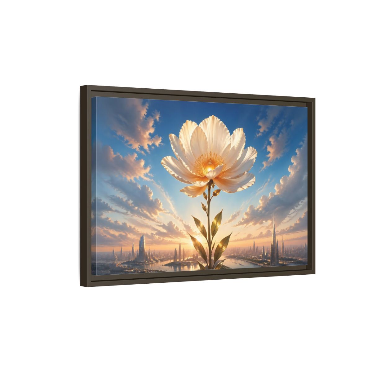 Side Mockup 2. Science Fiction Golden Flower White And Gold Flower shown as stretched canvas wall art