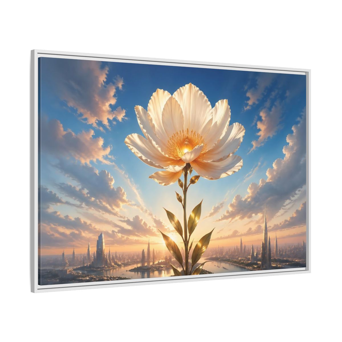 Side Mockup 7. Science Fiction Golden Flower White And Gold Flower shown as stretched canvas wall art
