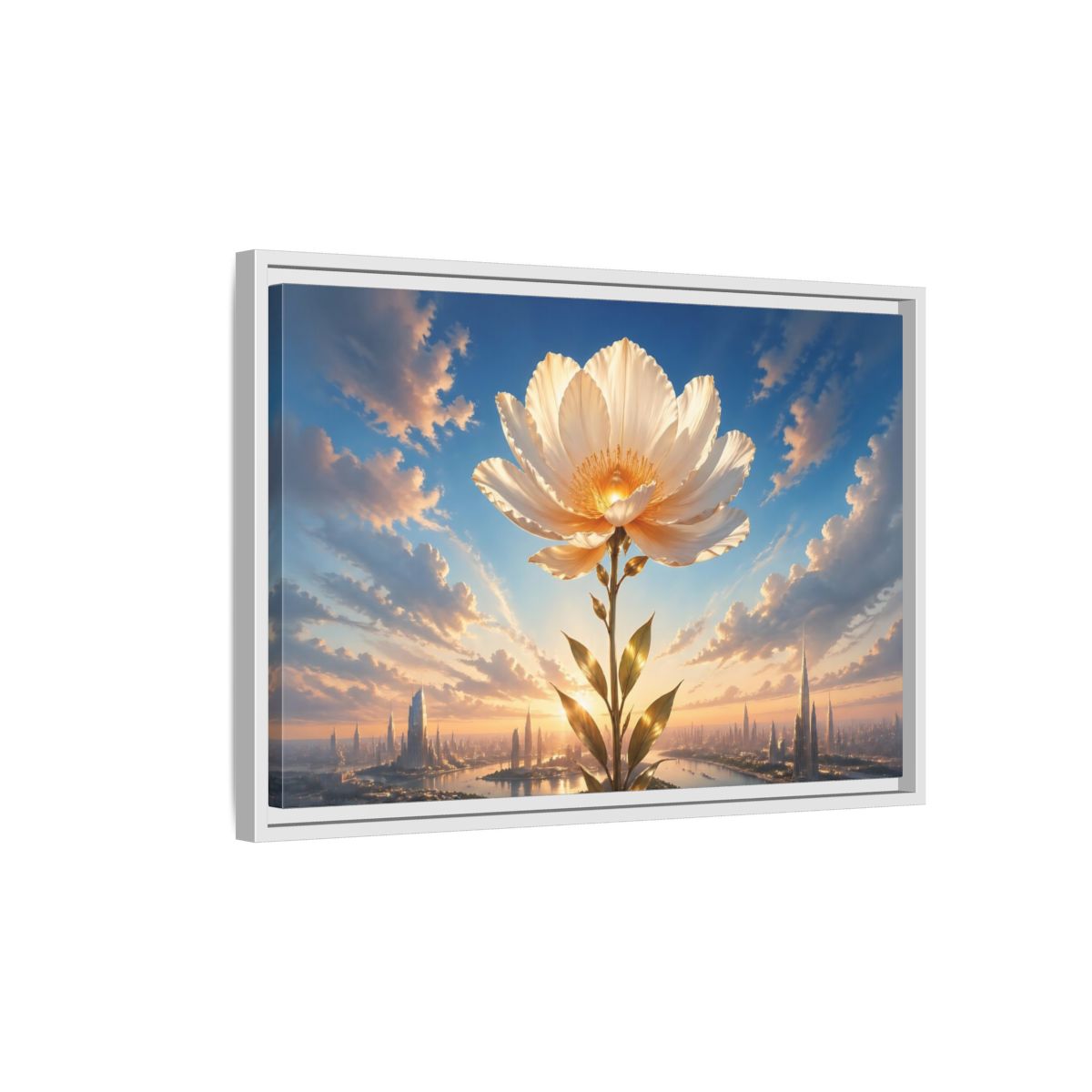 Side Mockup 1. Science Fiction Golden Flower White And Gold Flower shown as stretched canvas wall art