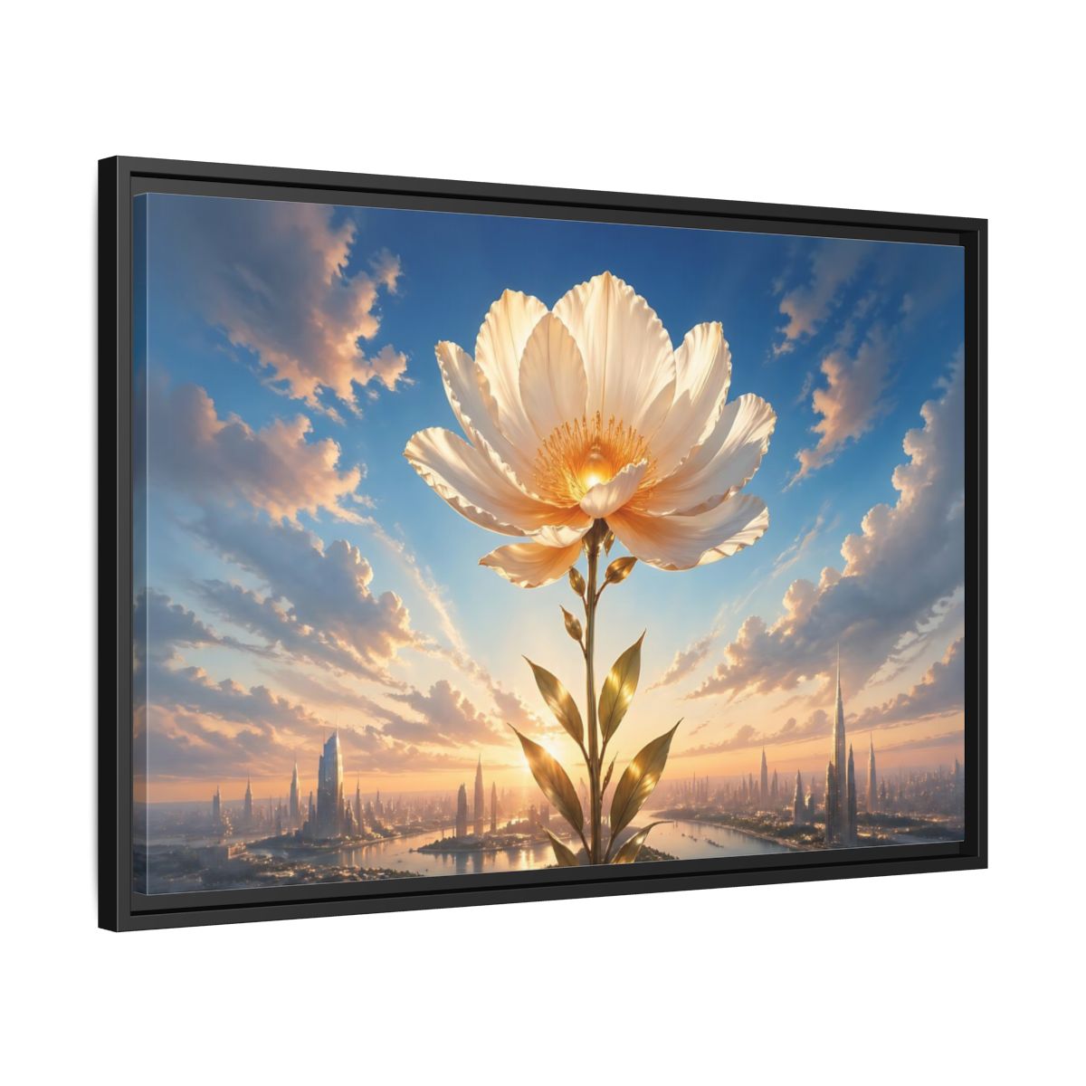 Side Mockup 14. Science Fiction Golden Flower White And Gold Flower shown as stretched canvas wall art