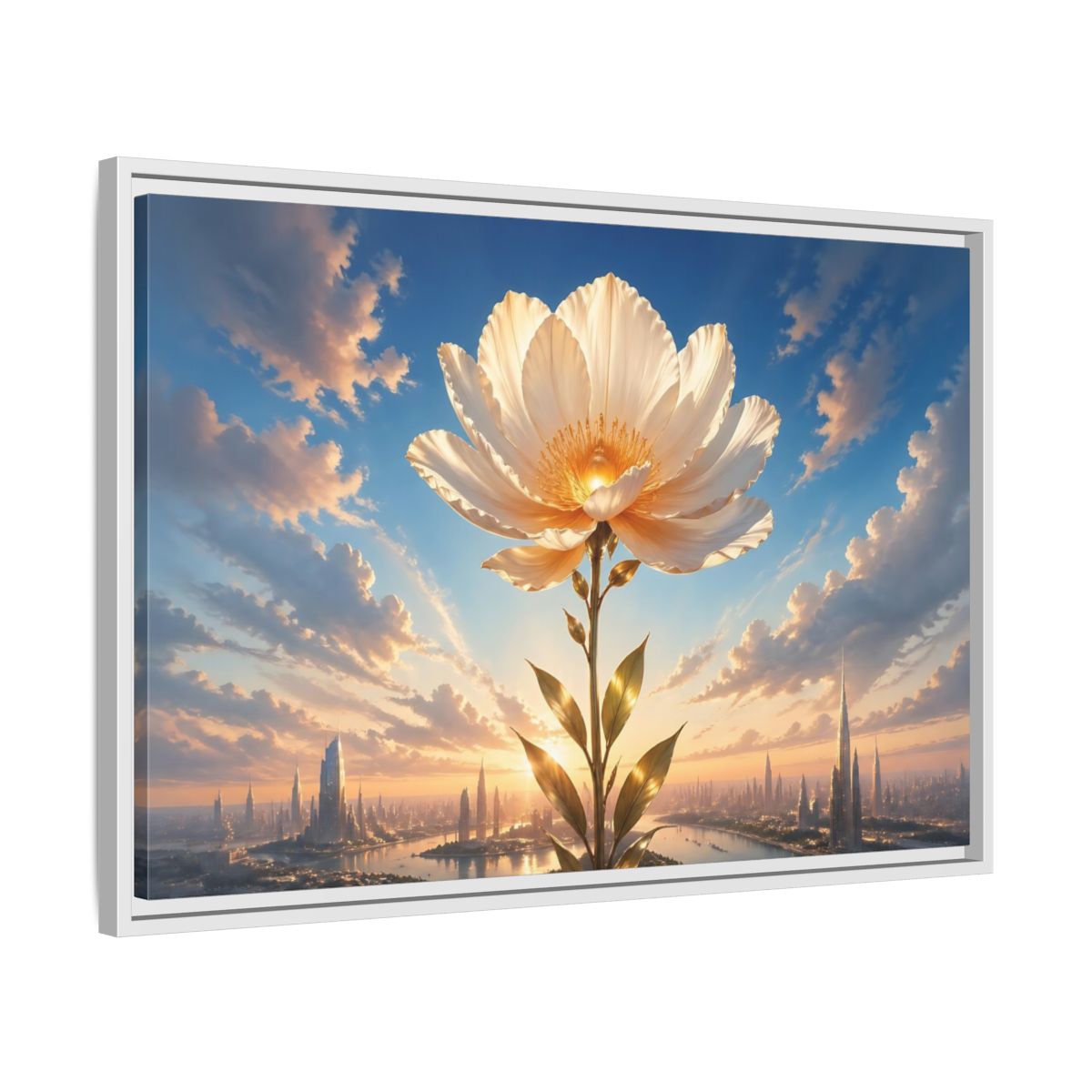 Side Mockup 10. Science Fiction Golden Flower White And Gold Flower shown as stretched canvas wall art